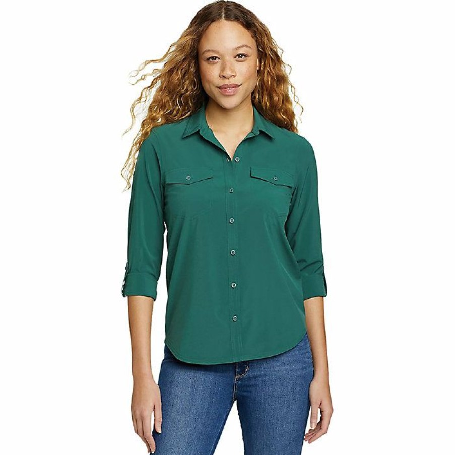 Apparel Eddie Bauer | Eddie Bauer Travex Women'S Ls Departure 2.0 Shirt New Dark Evergreen