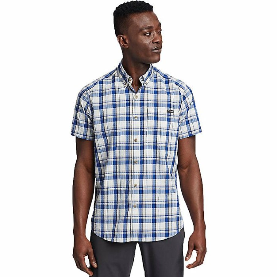 Apparel Eddie Bauer | Eddie Bauer Travex Men'S Pack It Tech Seersucker Ss Shirt Shop Pacific Blue