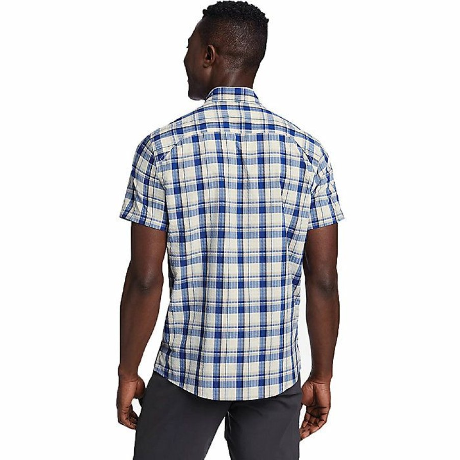 Apparel Eddie Bauer | Eddie Bauer Travex Men'S Pack It Tech Seersucker Ss Shirt Shop Pacific Blue